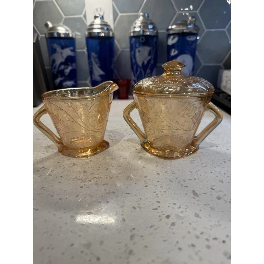 Jeannette Floragold Carnival Creamer Sugar & Lid Mid Century Depression Glass